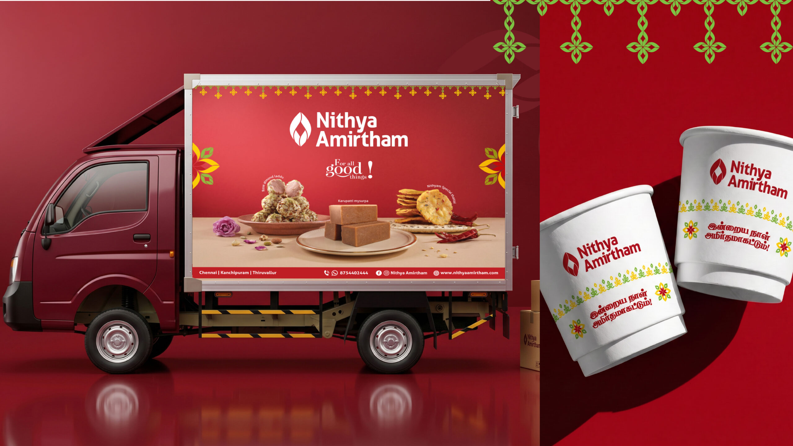 META TITLE Nithya Amirtham Rebranding — Brand Identity Design by Studio Kirukal, Chennai META DESCRIPTION Studio Kirukal redesigned the complete brand identity for Nithya Amirtham Indian Food Pvt Ltd — a neighbourhood food brand with a million customers across Chennai, Kanchipuram, and Tiruvallur. Brand language, visual identity, packaging, signage, uniforms and more.